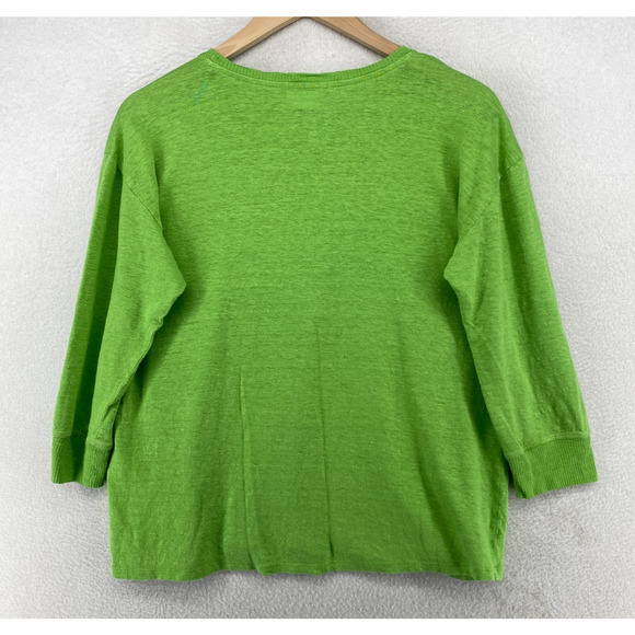EILEEN FISHER Top S Organic Linen Slub Jersey Pocket Rib Trim 3/4 Sleeve Green - Picture 3 of 11